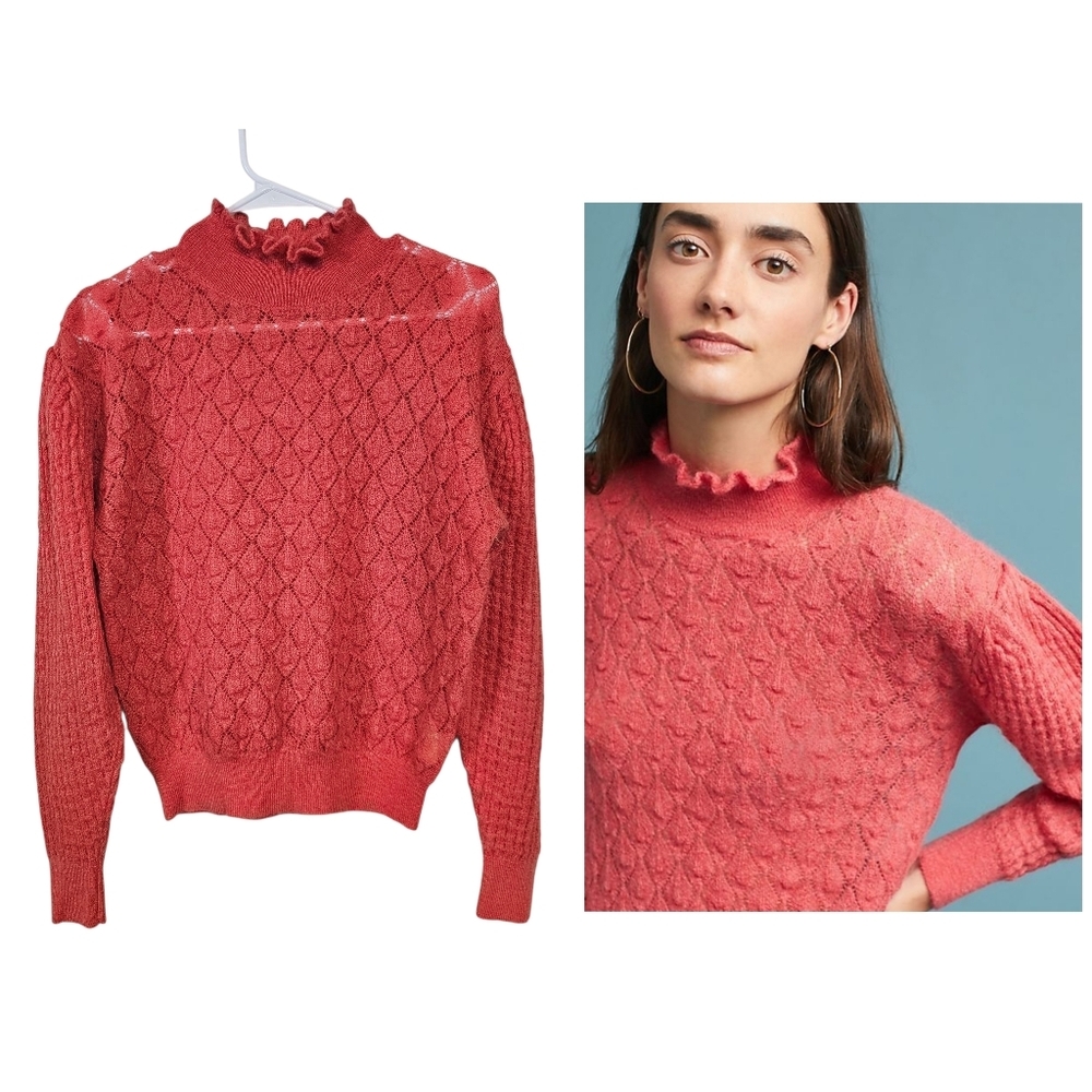 Knitted & Knotted Anthropologie Knit Ruffle Turtleneck Puff Sleeve Wool Sweater